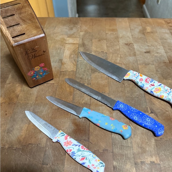 The Pioneer Woman Floral Ceramic Knife Set with Wooden Block 4 knives - Picture 7 of 9